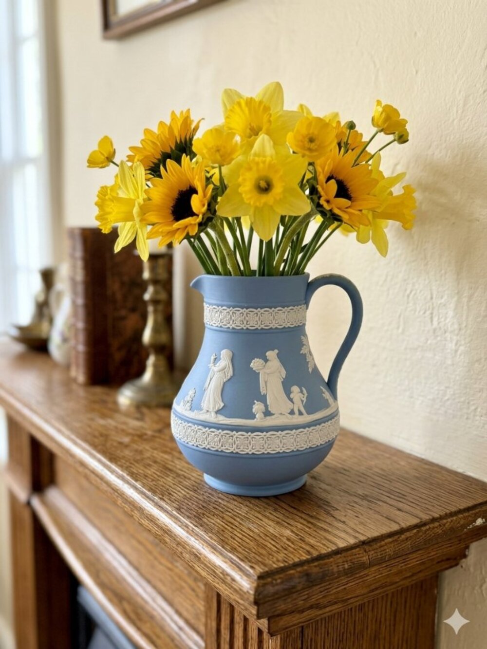 Wedgwood Blue Jasperware Etruscan Jug with White Motif